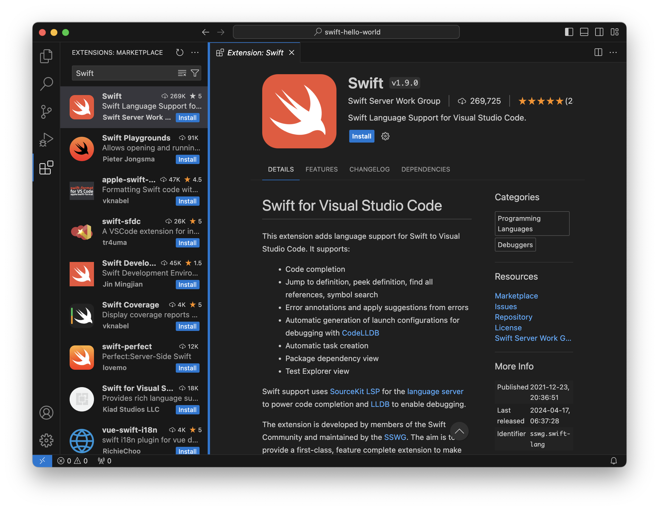 从扩展面板安装 vscode-swift 扩展